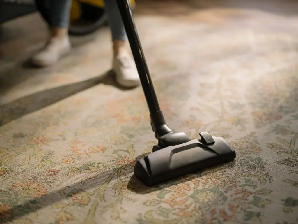 Close-up of a vacuum cleaning a carpet in a sunlit home — the first step before carpet stain removal