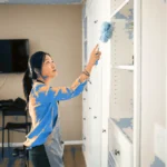 Professional cleaner cleaning a bright commercial office in Georgia