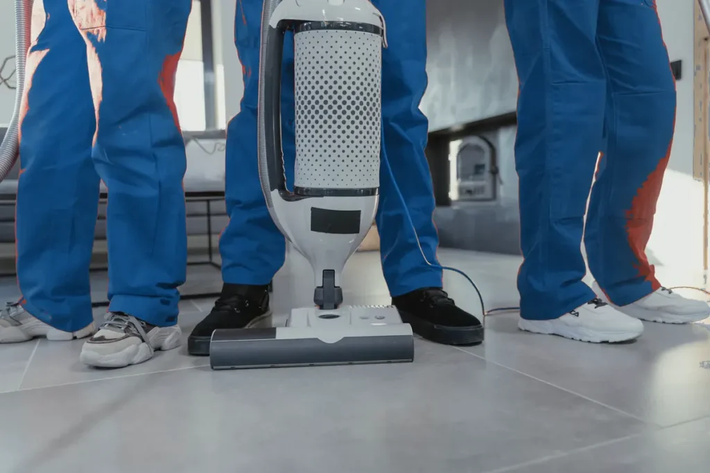 Professional cleaning and sanitizing a commercial restroom